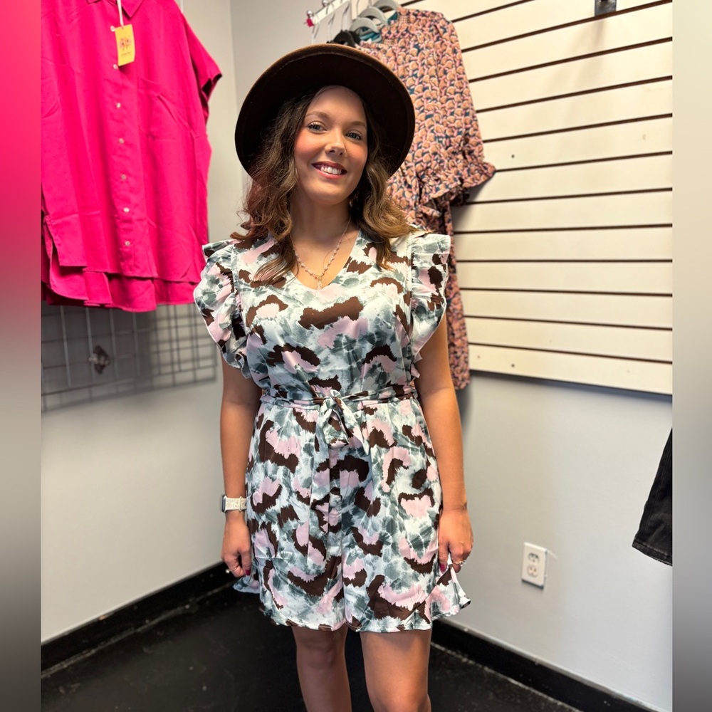 Stylish Abstract  Print ruffles Romper with belt and pockets